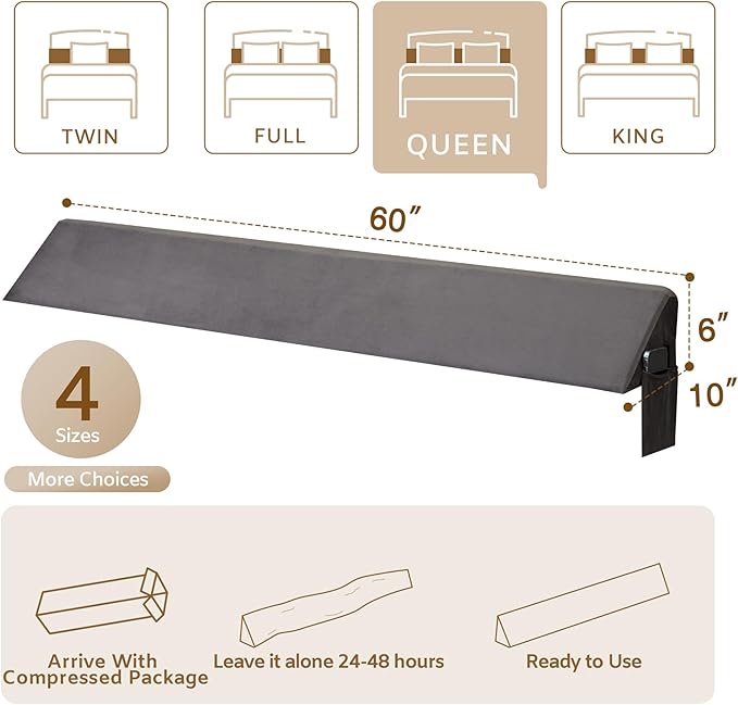 Bedluxe Queen Bed Wedge Pillow for Headboard, Wedge Pillow Headboard, Pillow Wedge for Headboard Gap, Bed Gap Filler - Fill The Gap (0-7") Between Headboard and Mattress (Short Plush, 60"x10"x6")