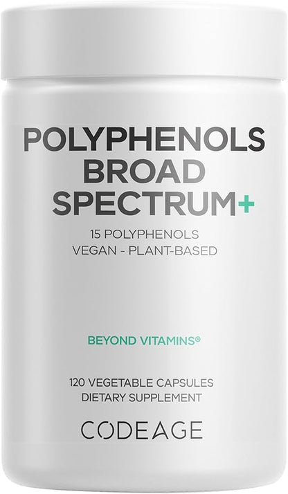Codeage Polyphenols Broad Spectrum Supplement - Blend of 15 Berries, Fruits, and Botanical Extracts, Decaf Green Tea Leaf, Quercetin, Resveratrol, Pomegranate, Turmeric - Non-GMO - 120 Capsules