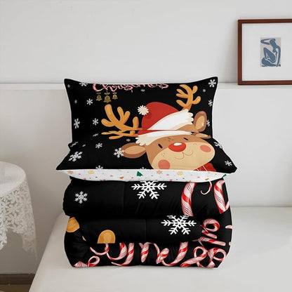 Cartoon Deer Reindeer Comforter Set Queen,Merry Christmas Bedding Set for Kids Boys Girls,Xmas Snowflake Duvet Insert Bedroom Decor,Happy New Year Gift Down Comforter with 2 Pillowcases Soft