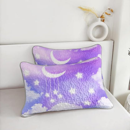 QOOMO Clouds Quilt Set Twin Size,Galaxy Bedspread Coverlet Set,Moon and Star 3Pcs Bedding Set Printed Quilt with 2 Pillowcases,Soft and Lightweight,for All Seasons