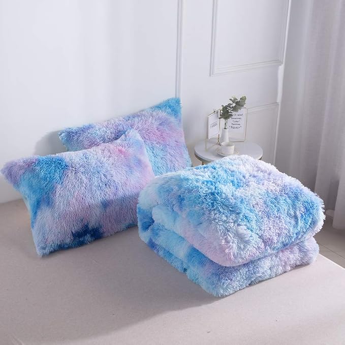 Wajade Faux Fur Plush Galaxy Blue Comforter Set Fluffy Fuzzy Shaggy Bedding Set - 3PC Full Size Microfiber Soft Warm Quilt Set