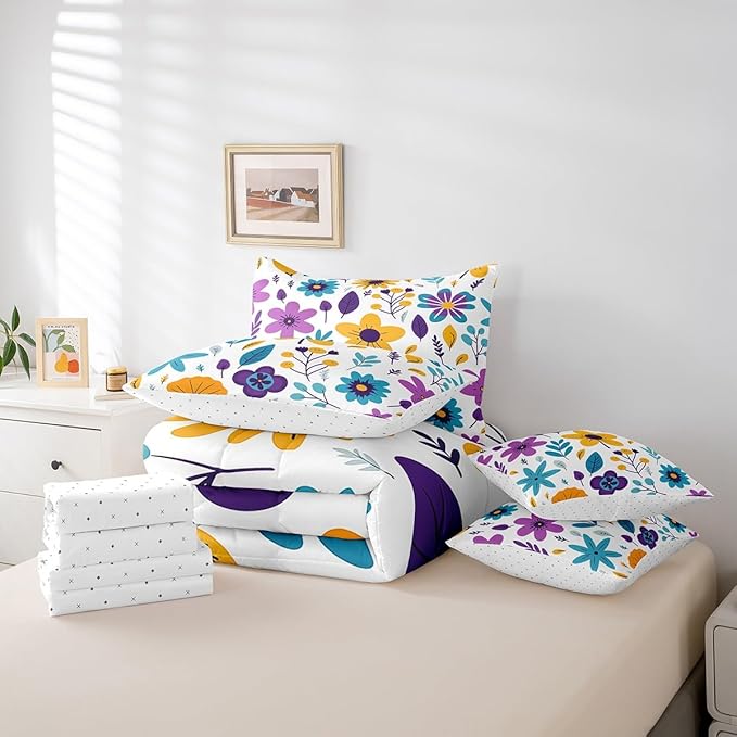 Feelyou Cute Flower Comforter Set with Sheets King Cute Flower Floral 7 Piece Bedding Set for Kids Girls Teens Toddler Cartoon Floral Bed in a Bag Yellow Purple Bed Set