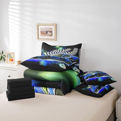 Feelyou Blue Racing Car 7 Piece Bedding Set King Size Extreme Sport Comforter Set with Sheets for Kids Boys Girls Teens Toddler Fast and Furious Bed in a Bag Black White Flag Bed Set