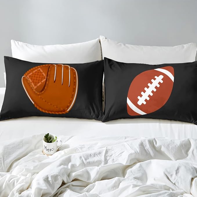 Castle Fairy American Football Field Comforter Cover,Boys Ball Sports Games Themed Bedding Set for Modern Room,Brown Rugby Gloves Sporting Equipment Duvet Cover with 2 Pillowcases, Queen 90''x90''