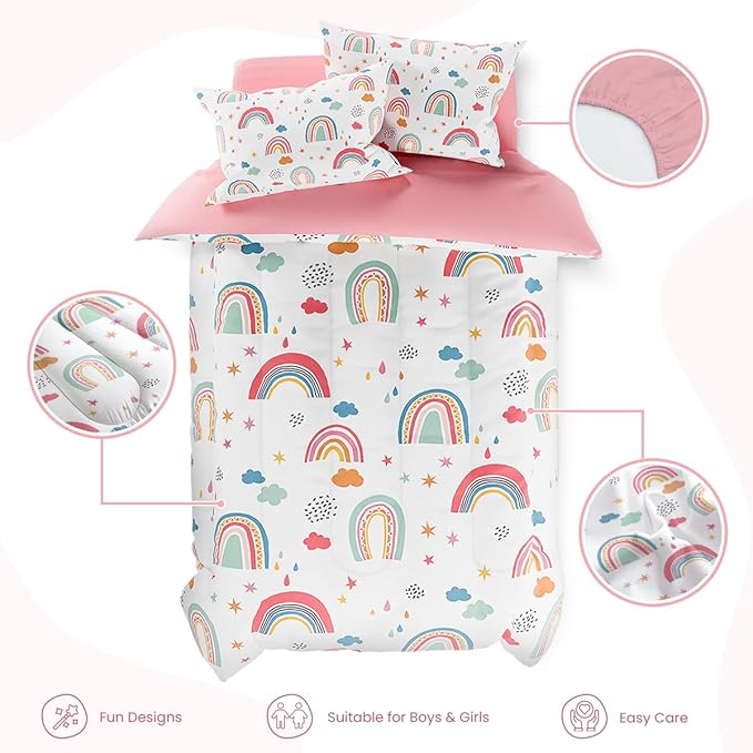SANDJEST Rainbow Full Bedding Set for Girls, Ultra Soft Microfiber Comforter Set Full Size with 4-Pieces for Kids Teen, Bed Set Comforters for Bedroom Decor