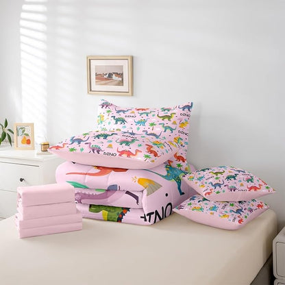 Feelyou Kids Cartoon Dinosaur 7 Piece Bedding Set Pink Colorful Dinosaur Comforter Set with Sheets for Boys Girls Jungle Dino Bed in a Bag Animal Theme Bed Set Soft Lightweight
