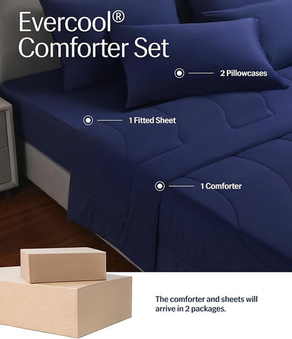 Rest® Evercool®+ Cooling Comforter Set, Queen, Midnight Blue, 4pcs with Cooling Blanket, Wrinkle-Free Deep Pocket Fitted Sheet, 2 Silver-Infused Pillowcases for Skin and Hair Bed Set for Ultra Comfort