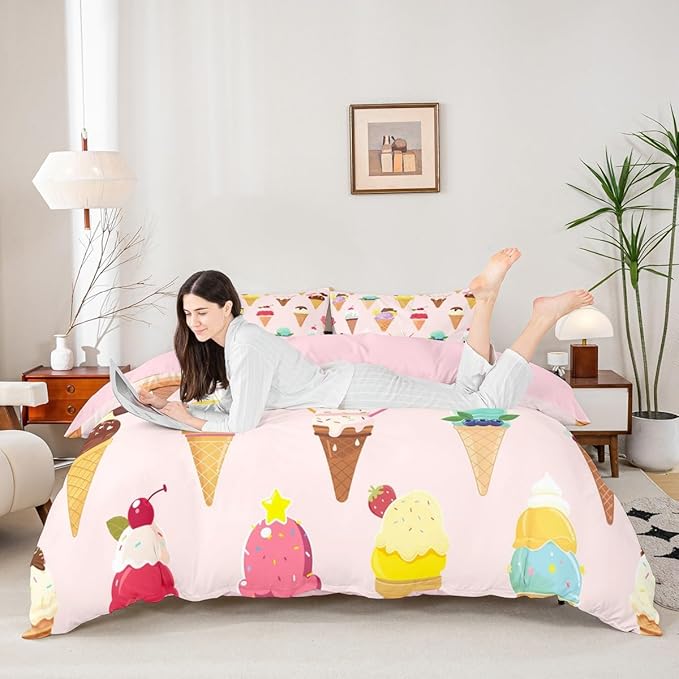 Castle Fairy Ice Cream Comforter Cover Twin Pink Cool Bedding Set Children Favorite Duvet Cover for Boys Girls Bedspread Cover 2pcs (1 Duvet Cover +1 Pillowcases),Multi 7