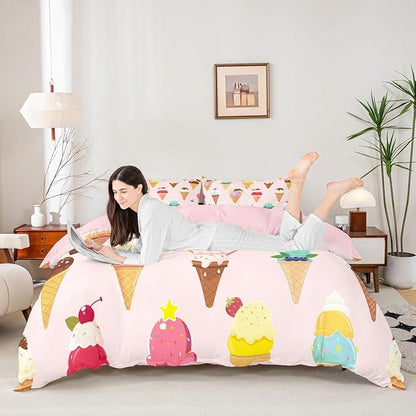 Castle Fairy Ice Cream Comforter Cover Twin Pink Cool Bedding Set Children Favorite Duvet Cover for Boys Girls Bedspread Cover 2pcs (1 Duvet Cover +1 Pillowcases),Multi 7