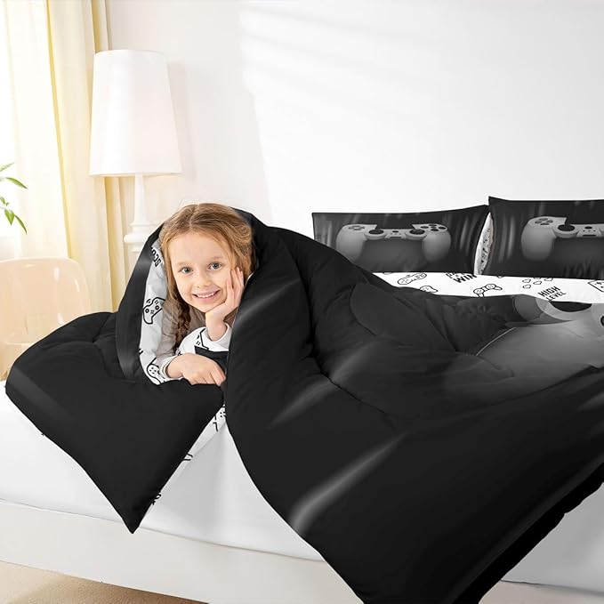 Feelyou Boys Gamer Comforter Set Full Size Bedding Set for Kids Gaming Comforter Gray Black Video Games Gamepad Room Decor for Teens Child Super Soft Geometric Duvet Quilted Son Grandson Gift