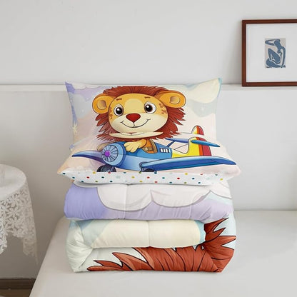 Kawaii Lion Comforter Set Toddler Size Cartoon Aircraft Bedding Set Bedroom Decor Cute Wildlife Animal Quilt Set for Kids Boys Girls Pastel Clouds Sky Duvet Insert 2Pcs