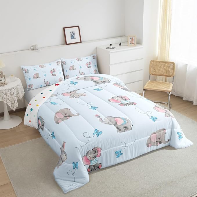Cute Elephant Kids Comforter Set King Size,Blue Butterfly Cartoon Wildlife Reversible Quilted Duvet with 2 Pillowcases Watercolor Grey Pink Animal Comforter for Boys Teens Bedroom