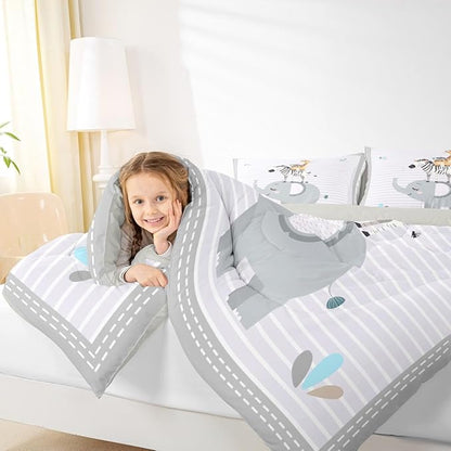 Cute Animals Kids Comforter Set Cartoon Elephant Zebra Giraffe Bedding Set Full Size Boys Girls Teens Bedroom Decor Grey White Geometric Stripes Quilted Duvet All Season Duvet Insert 3pcs