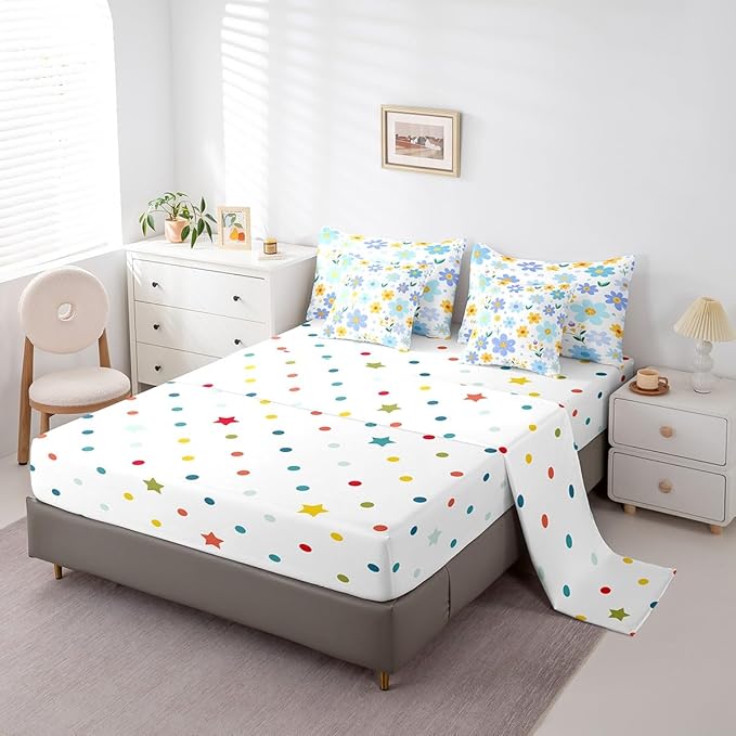 Feelyou Cute Flower 7 Piece Bedding Set Full Size Kids Cartoon Cute Floral Bed in a Bag for Girls Teens Blue Yellow Comforter Set with Sheets Kawaii Bed Set