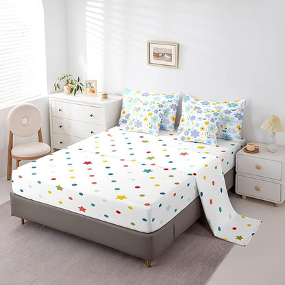 Feelyou Cute Flower 7 Piece Bedding Set King Size Kids Cartoon Cute Floral Bed in a Bag for Girls Teens Blue Yellow Comforter Set with Sheets Kawaii Bed Set