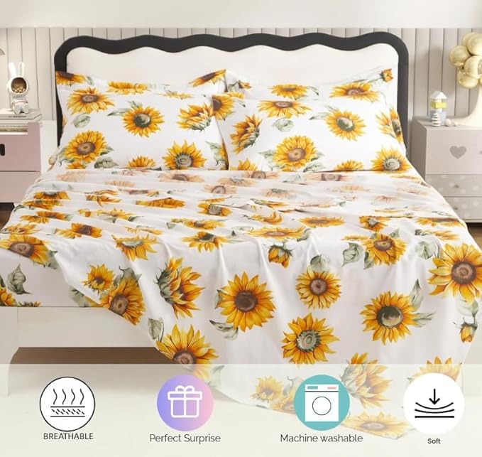 SDY 7PCS Sunflower Bedding Twin Bed in A Bag Sunflower Comforter and Bed Sheets for Boys Girls Kids with 1Comforter, 1FittedSheet, 1FlatSheet, 2Pillow Cover, 2Pillow Sham