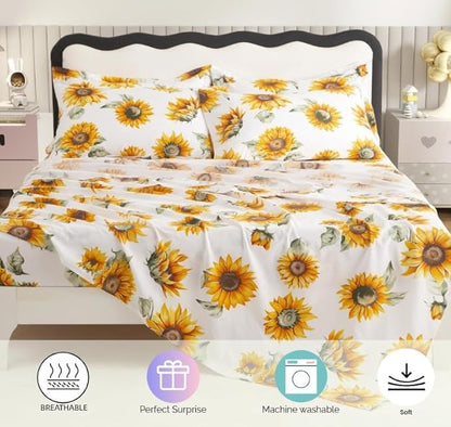 SDY 7PCS Sunflower Comforter Set Full Size Cute Printed Comforter Sets Bed in a Bag for Toddler,Girls Boys and Kids, with Comforter, Flat Sheet, Fitted Sheet and Pillowcases & Shams