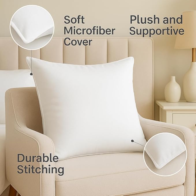 Throw Pillow Inserts (18"x18") | Set of 2 | Easy Maintenance Fluffy Inserts for Better Comfort | Polyester Gel Fibre Fill | No Feather Pokes | Machine Washable in Delicate Cycle