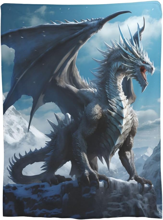 Blue Ice Dragon Blanket Gifts for Adults Boys Snow Mountain Flannel Throw Blankets Soft Comfy Lightweight for Home Decor Couch Bed Sofa 80x60 Inches