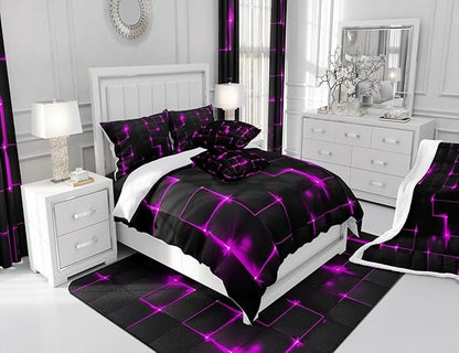 Castle Fairy Geometric Twin Size Duvet Cover Set, Modern Abstract Grid Square Comforter Cover with 1 Pillowcase, Purple and Black Neon Light Polyester Bedding Set for Kids Boys Bedroom Decor