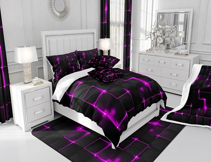 Castle Fairy Abstract King Duvet Cover Set, 3D Modern Plaid Square Grid Comforter Cover with 2 Pillowcases, Purple and Black Neon Light Lines Geometric Breathable Polyester Bedding Set for Kids Boys