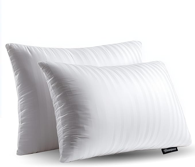 Beautyrest Luxury Goose Feathers Soft Pillows, 500 Thread Count Cover 20”x28”, Queen (Pack of 2), Supportive Fluffy Hotel Collection Bed Pillows for Side and Back Sleepers