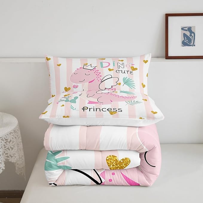 Castle Fairy Pink Dino Comforter Set Twin Size,Kawaii Cute Dinosaur Princess Bedding Set for Kids Boys Men,Cartoon Animal Girly Heart Stripes Quilted Duvet Set with 1 Pillowcase
