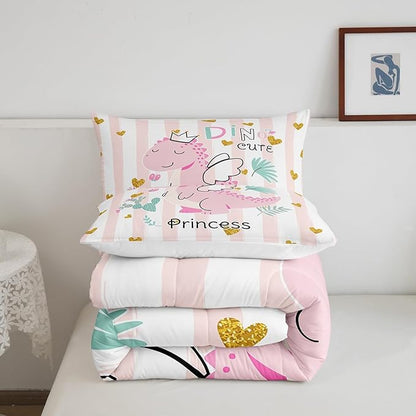 Castle Fairy Pink Dino Comforter Set Queen Size,Kawaii Cute Dinosaur Princess Bedding Set for Women Adult,Cartoon Animal Girly Heart Stripes Luxury Bed Duvet Insert, 2 Pillowcases