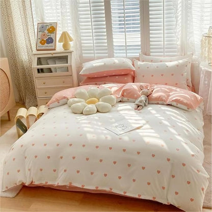 Blush Pink Duvet Cover Set King Heart Bedding Set Cute Love Heart Bedding 3Pcs Girls Reversible White Pink Duvet Cover with Zip and 2 Pillowcases（No Comforter）