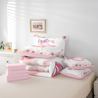 Erosebridal Initial Letter G Bed in A Bag Pink Kawaii Bow Bedding Sets for Girls King Size, Colorful Flower Floral Comforter Set with Sheets Fresh Style Light Pink White Bed Set Bedroom Decor
