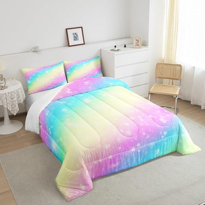 Feelyou Rainbow Comforter Set King, Tie Dye Pastel Bedding Set Stars Glitter Comforter for Kids Colorful Stripes Duvet Set with 2 Pillow Case
