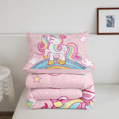 Feelyou Unicorn Bedding Full,Star Print Rainbow Kids Comforter Sets for Girls Comforter Set,Cute Animal Bedding Cute Unicorn Duvet Quilt,Rainbow Bedroom Decor