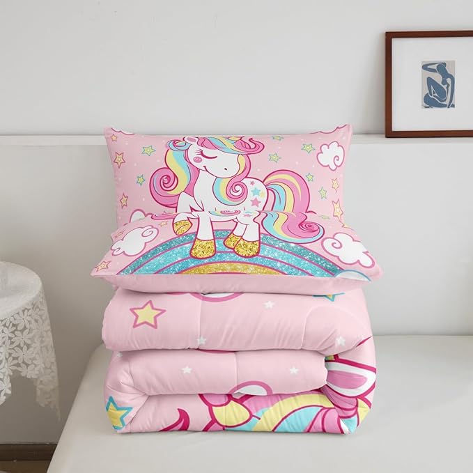 Feelyou Unicorn Bedding Twin,Star Print Rainbow Kids Comforter Sets for Girls Comforter Set,Cute Animal Bedding Cute Unicorn Duvet Quilt,Rainbow Bedroom Decor