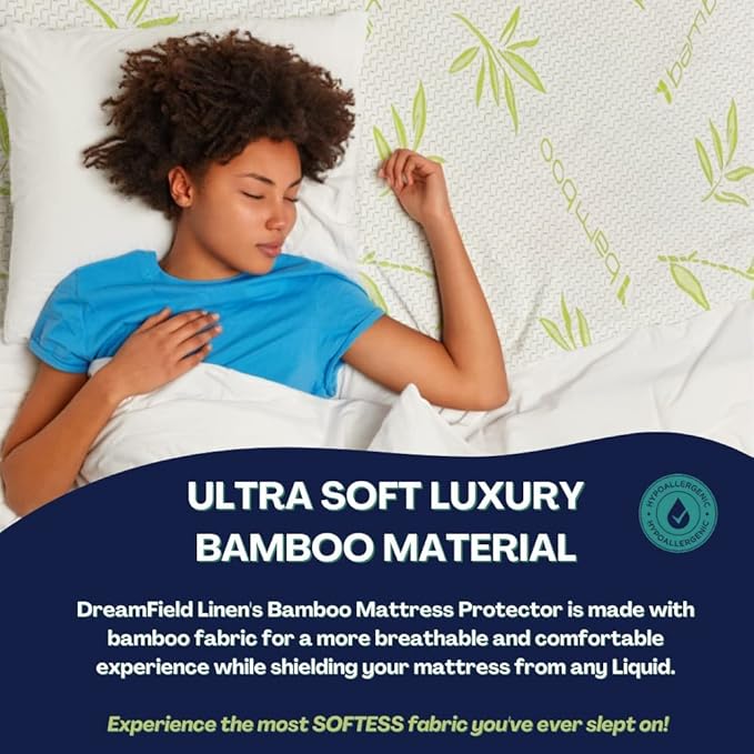 DreamField Linen California King Mattress Cover, Waterproof and Noiseless, Ultra Soft Breathable Bamboo Fabric, Easy Care Instructions