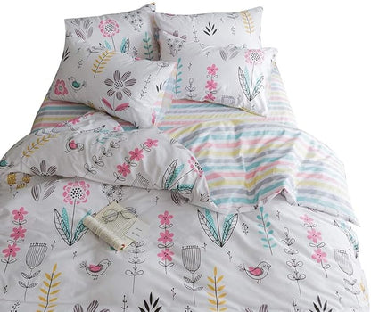 BuLuTu Floral Bird Print Pattern Girls Duvet Cover Full White Premium Cotton Nature Blossom Colorful Reversible Kids Bedroom Comforter Cover Bedding Sets for Teen Toddler,Zipper Closure
