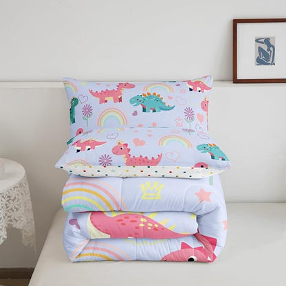 Castle Fairy Kawaii Dino Kids Comforter Set King Size,Cute Rainbow Floral Love Heart Reversible Quilted Duvet with 2 Pillowcases Blue Pink Dinosaur Lovely Animal Comforter for Boys Teens Bedroom