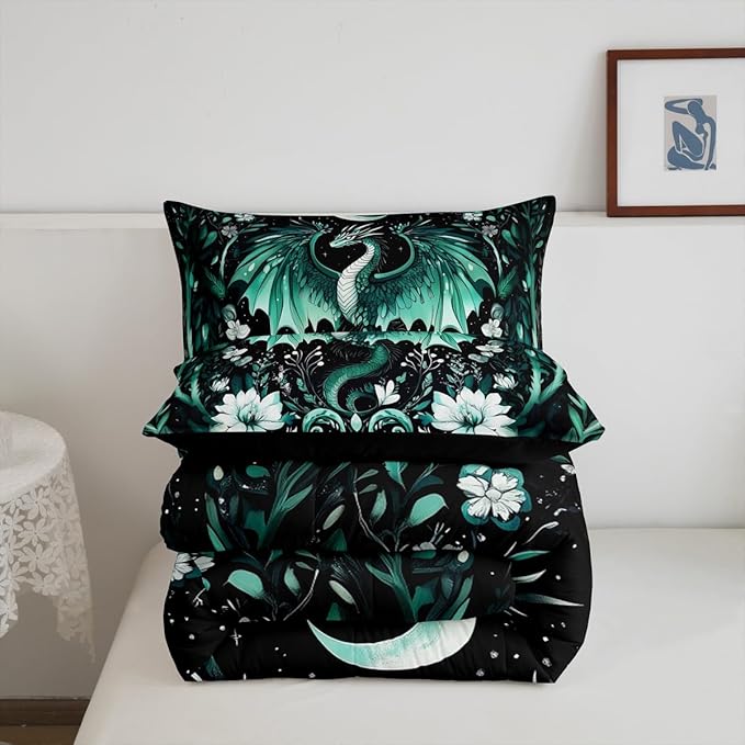 Feelyou Kids Dragon Comforter Set Full Size, Green Dragon Bedding Set Dragon Lovers Comforter for Kids Boys Girls Boho Duvet Insert Room Decor 3Pcs