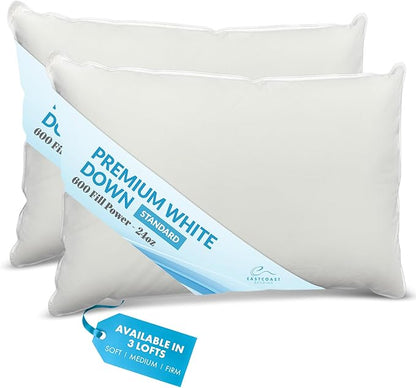 Luxury Duck Down Pillows - White Duck Down Pillow with 600 Fill Power, 400 Thread Count, 100% Cotton Cover - Medium Pillows for Sleeping and Support - Standard, 20"x26" (2 Pack)