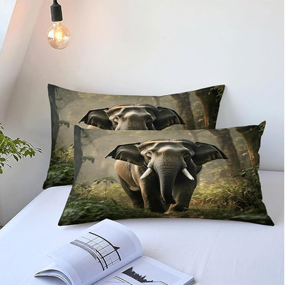 Elephant Duvet Cover Set Full Wildlife Elephant Forest Plants Trees Natural Scenery Print Bedding Set Soft Microfiber Quilt Set with 2 Pillowcases for Kids Teens