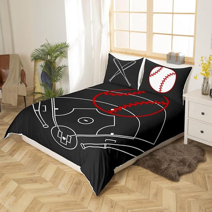 Baseball Field Print Duvet Cover Set King Size,Boys Ball Sports Games Themed Comforter Cover with 2 Pillowcases,Red Baseball Bat Sporting Equipment Modern Bedding Set for Adult Couple Room Decor, 3pcs