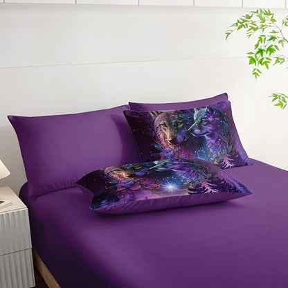 Wolf Comforter Set 7 Piece Twin Size Bed in A Bag,Animal Bedding for Room Decor,Soft Purple Wolf Comforter Rose Bedding with Fitted Sheet,Flat Sheet, Pillowcases & Shams