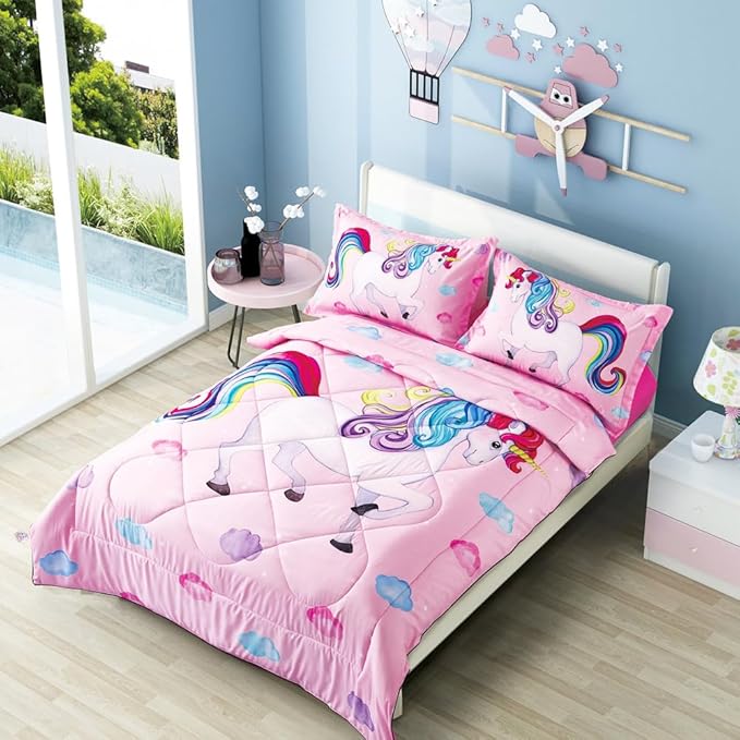 Wowelife Unicorn Full Size Bedding Set 5 Pieces Pink 3D Kids Comforter Sets Breathable with Comforter, Flat Sheet, Fitted Sheet and 2 Pillowcases