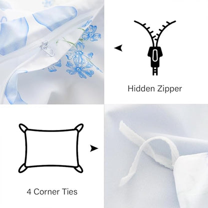 Blue Bow Duvet Cover Full 3Pcs Girls Floral Duvet Cover Set, Cute Romantic Princess Style Bowknot Bedding Set Soft Microfiber Garden Flower Bedding with 2 Pillowcases(No Comforter)