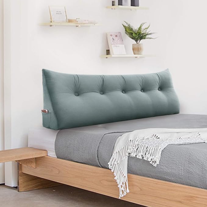 Johnear Wedge Headboard Large Bolster Pillow Reading Pillows for Sitting in Bed Adult， Velvet Triangular Cushion Backrest Lumbar Back Support Upholstered Daybed Sit Up Book Pillows（Lightgray, Queen）