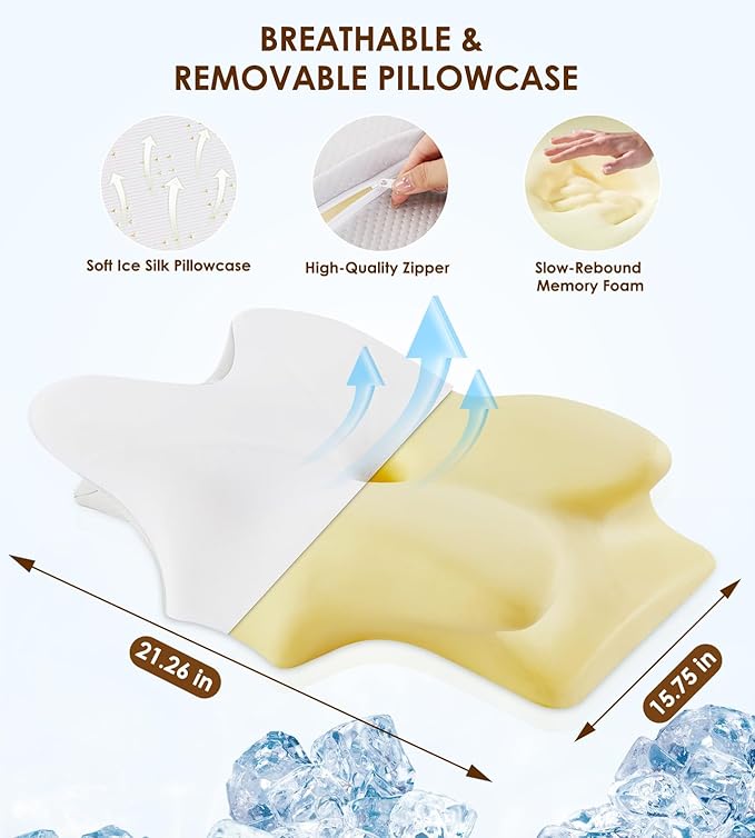 Cervical Pillow for Neck Pain Relief - Cooling Memory Foam Neck Pillows for Sleeping, Ergonomic Neck Support Pillow for Side Back Stomach Sleeper with Washable Pillowcase & 2 Different Heights