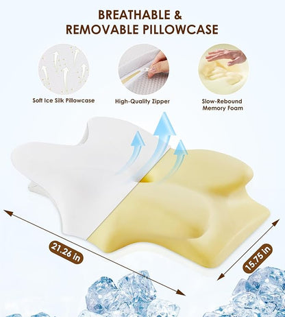 Cervical Pillow for Neck Pain Relief - Cooling Memory Foam Neck Pillows for Sleeping, Ergonomic Neck Support Pillow for Side Back Stomach Sleeper with Washable Pillowcase & 2 Different Heights