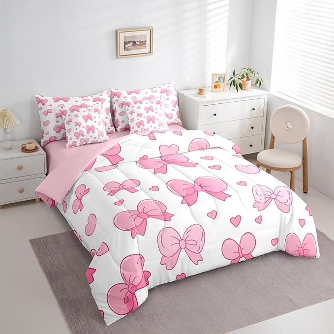 Feelyou Pink Bowknot 7 Piece Bedding Set Cartoon Bow Comforter Set with Sheets for Kids Boys Girls Cute Love Heart Bed in a Bag White Pink Bed Set Soft Lightweight