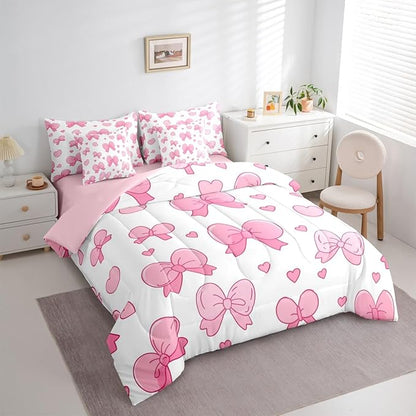 Feelyou Pink Bowknot 7 Piece Bedding Set Cartoon Bow Comforter Set with Sheets for Kids Boys Girls Cute Love Heart Bed in a Bag White Pink Bed Set Soft Lightweight