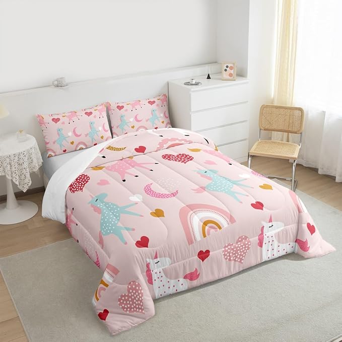 Feelyou Girls Unicorn Comforter Set Full Size Kids Cute Pink Rainbow Horse Decor Comforter for Unicorn Lover Daughter Bedding Set Boho Star Moon Duvet Set (1 Comforter + 2 Pillowcases, Full)