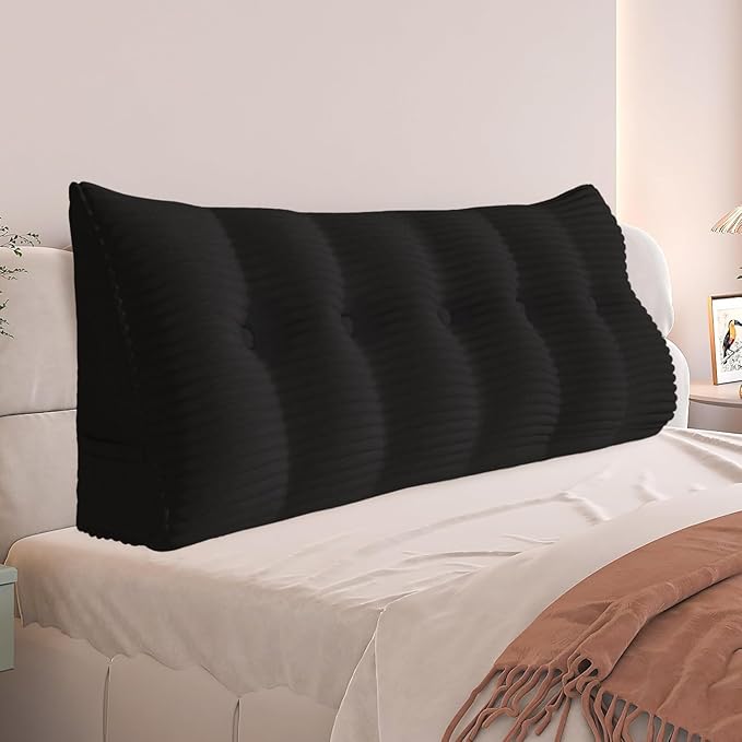 Daneey Headboard Wedge Pillow Bed Wedge Pillow for Headboard Bolster Reading Pillow for Bed Back Pillow for Sitting in Bed Wedge Pillow with Removable Cordury Cover (Black, Queen)